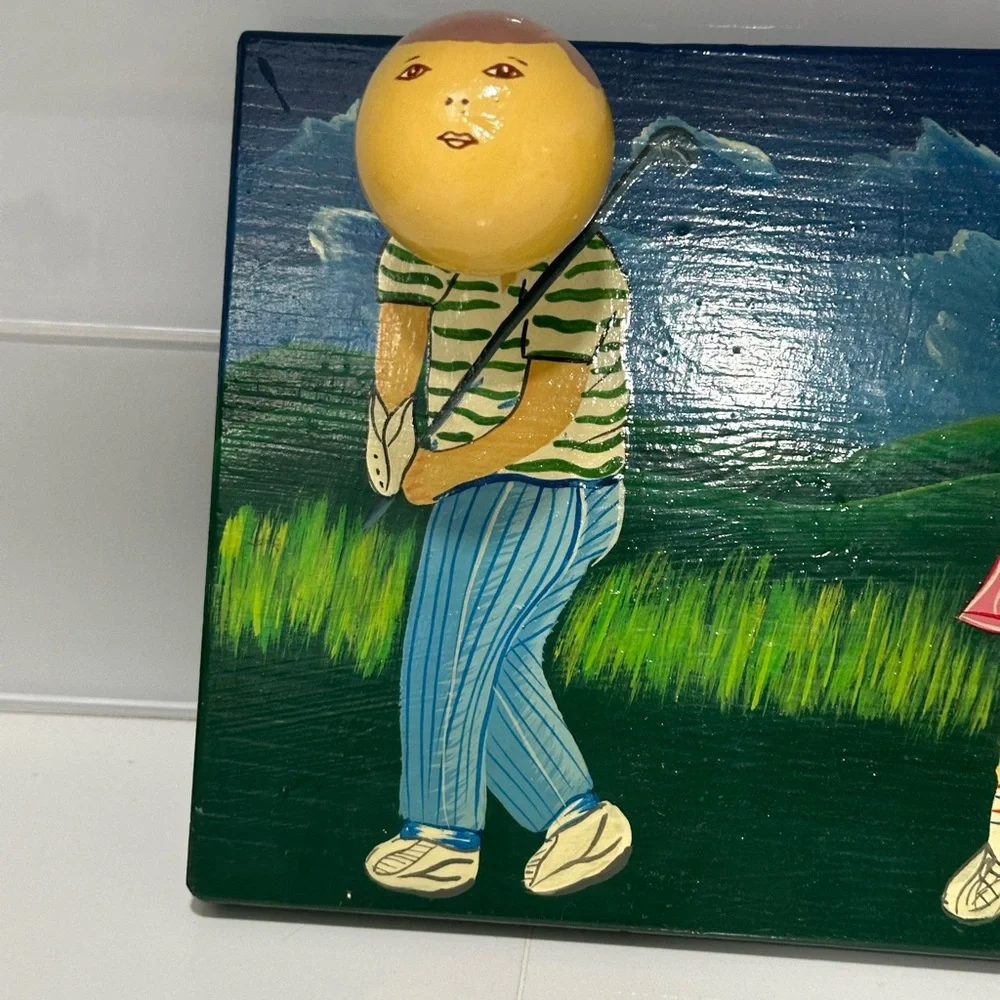 Golf Golfing Ball Wood Plaque Holder Painted HANDMADE FOLK-ART Coat Rack unique